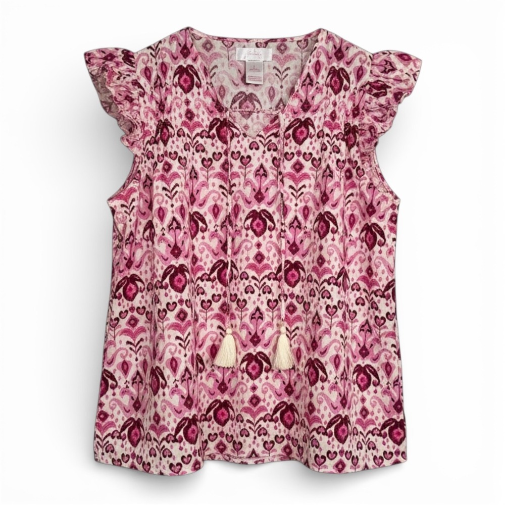 Stella Parker Collection Women's Pink Ikat‎ Tassel V Neck Top Size S